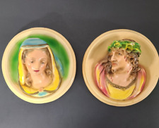 2 Vtg Chalkware Plaster Religious Wall Plaques Virgin Mary Jesus Round Paint 3D picture