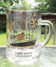 Vintage Souvenir Glass Mug HMS Queen Mary at Long Beach, CA Black and Gold Stein picture