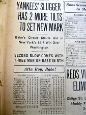 1927 hdlne newspaper NY Yankee BABE RUTH BREAKING single season HOME RUN RECORD picture