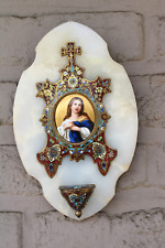 Antique french enamel cloisonne onyx marble holy water font porcelain madonna picture