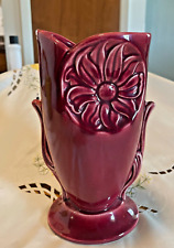 MCCOY? VTG Maroon 9 Inch Tall Vase With a Flower Design On Front & Back USA EUC picture