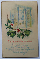 Antique 1925 Christmas Greetings Home Window Snow Scene Holly Branch Postcard picture