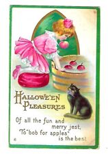 c1913 Halloween Postcard Girl Bobbing For Apples With Black Cat - Embossed picture