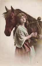 Postcard Antique RPPC Lady Harp & Horse Tinted C1907-1915 Photochemie Berlin #2 picture