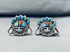 ONE OF BEST NAVAJO BLUE GEM TURQUOISE CORAL INLAY SILVER CUFF LINKS picture