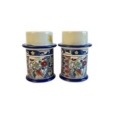 Vintage 1950's Colonial Candle Holder Oriental Blue Floral Design Made in Japan picture