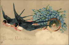EAS Valentine Song Birds Pull Flower Cart Fantasy c1910 Vintage Postcard picture