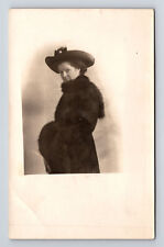 RPPC Young Woman in Dark FurCoat and Large Hat Intent Gaze Real Photo Postcard picture