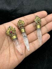 3 Pieces Vintage Tibetan Brass Unique Pendants With Natural Crystal Quartz picture