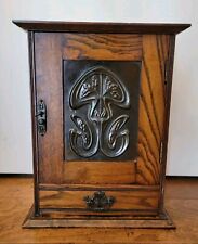 Antique English 1900s Oak Wooden Copper Pipe Display Cabinet Tobacco Drawer Key picture