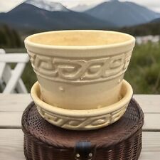 Vintage McCoy USA Pottery Yellow Greek Key Flower Pot Planter Attached Saucer  picture