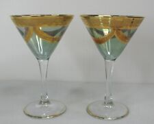 Cristal Mode Martini Glasses Made In Italy Crystal Green Mint Gold Trim Set of 2 picture