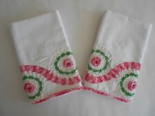 Vintage Pillowcase Set - Crocheted Floral Design (Pink & Green) on White Cotton  picture