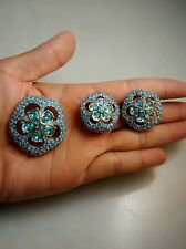 Gorgeous signed swan swarovski blue crystal gold tone pin brooch earrings set picture