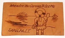 1907 LEATHER OKLAHOMA POSTCARD: GIRL WITH PADDLE COME TO SEE ME SAPULPA I.T. picture