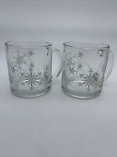 Vintage Set of 2 Snowflake Swirl Glass Mugs Christmas Winter Made In USA picture