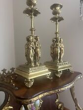 Antique Pair of Candlestick Brass Three Graces Mid 1800s picture