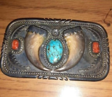 Native American Vintage Turquoise, Red Coral, Sterling Silver Belt Buckle picture