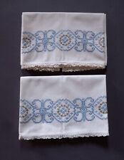 Pair Of Vintage Embroidered White Cotton Standard Size Pillowcases picture