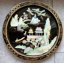 Asian Wall Plaque Decor Black Lacquer Mother of Pearl Pagodas Landscapes Vintage picture