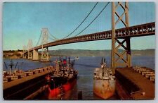 San Francisco Bay California Harbour Ships Oakland Bay Bridge Chrome Postcard picture
