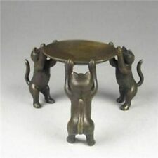 Chinese Old Bronze Handmade Cats Plate Statue Oil Lamp Candlestick picture