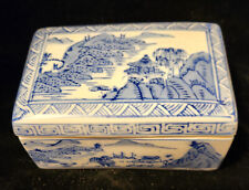 Vintage Chinese Porcelain Box Blue/White Quilong Mark Under Lid Decor  Lot 1792 picture