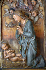 ANTIQUE POLYCHROME STUCCO BAS RELIEF PLAQUE OF MADONNA AND CHILD W/ANGELS -ITALY picture