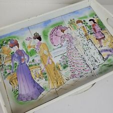Vintage Victorian Women Ceramic Tiled Serving Tray 18.5x13x3 Inch picture