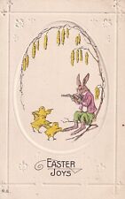 Vintage Easter Joys Early 1900's Postcard Rabbit Playing Flute Baby Chicks Dance picture