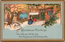 c1910s Art Deco CHRISTMAS GREETINGS Postcard / Victorian Village Scene - UNUSED picture