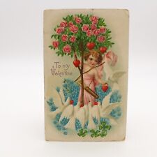 1909 VALENTINE'S DAY Embossed Postcard Cupid Doves & Pink Roses My Valentine picture