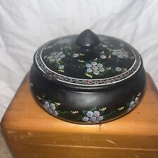 Hand Painted Blue Floral Black Lacquer Wood Trinket Box w/ Lid 3