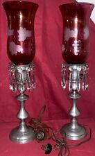 Vtg Set Of 2 Cranberry Hurricane Etched Glass Lamps  Crystal Prisms Silver Stand picture