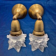 Pair Brass Rewired Sconces Cool Hand Blown Frosted Shades 116F picture