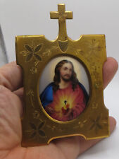 ANTIQUE 19TH CENT. TRAVEL ALTAR HANDPAINTED ON PORCELAIN SACRED HEART OF JESUS picture
