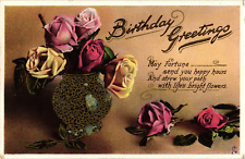 1909 Tuck's Glossy Birthday Fortune Happy Greetings Vase Rose Flower Postcard picture