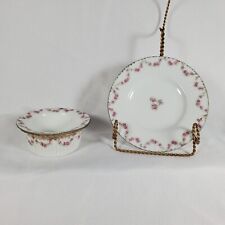 Antique Higgins and Seiter Souffle Creme Brulee Dish and Saucer Pink Flowers picture