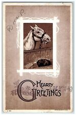 1910 Hearty Greetings Omega Florida FL, Horse Barn Embossed Antique Postcard picture