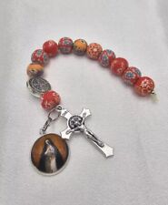 Orange St Mary Margaret Alacoque & Saint Benedict Medal One Decade Pocket Rosary picture