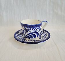 One Set Vintage Anfora Mexico Hand Painted Pottery Puebla Blue Tea Cup & Saucer picture