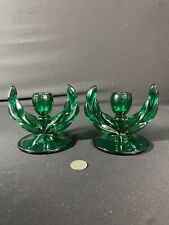 Emerald Green Winged Taper Glass Candle Holders (2) picture