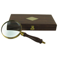 Antique Brass&Wood Turned Hand Lens Magnifying Glass w/ Desktop Box 5x Magnifier picture