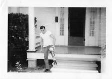 Handsome Man in Tee-Shirt 1940s Stepping Off Porch Stylish Man 4.5x3.25 in. picture