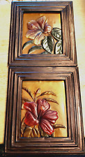 Pair Vintage Philip Irwin Co Copper Floral  Hibiscus  Framed Wall Art 1948 picture
