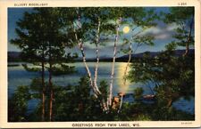 Twin Lakes Wisconsin WI Vintage Postcard Moon Rise Over Lake w/ Birch Trees 1941 picture