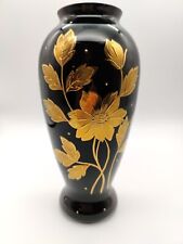 Bohemian Black Blown Glass Vase Hand Painted Gold Flowers Czechoslavakia VTG picture