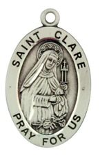 Saint St Clare Pray For Us Pendant 1 1/16 Inch Sterling Silver Medal picture