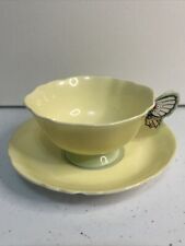 VINTAGE PARAGON RARE BUTTERFLY HANDLE Tea Cup & Saucer Yellow Green READ picture