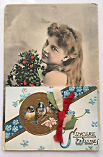 Postcard Mechanical Christmas Wishes Young Lady Ribbons Birds Flowers UDB picture